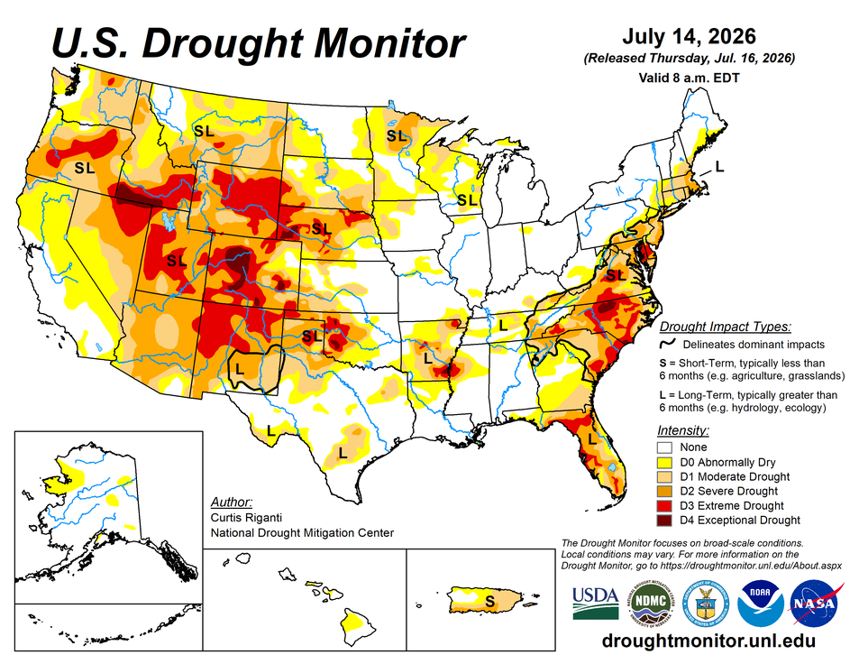 Widespread dry and drought conditions in the western half of the US, the East Coast and Florida. Drought remains in parts of the Mississippi and Tennessee valleys.  (US Drought Monitor does not includ